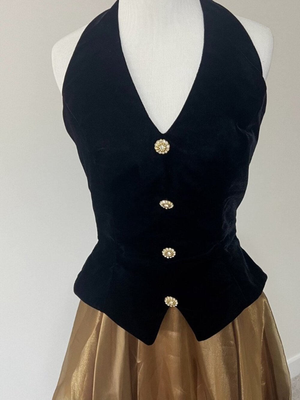 Vtg Gown Sz 6 Velvet Halter Formal Party Cocktail Prom Gold/Black Dave & Johnny - Picture 3 of 16